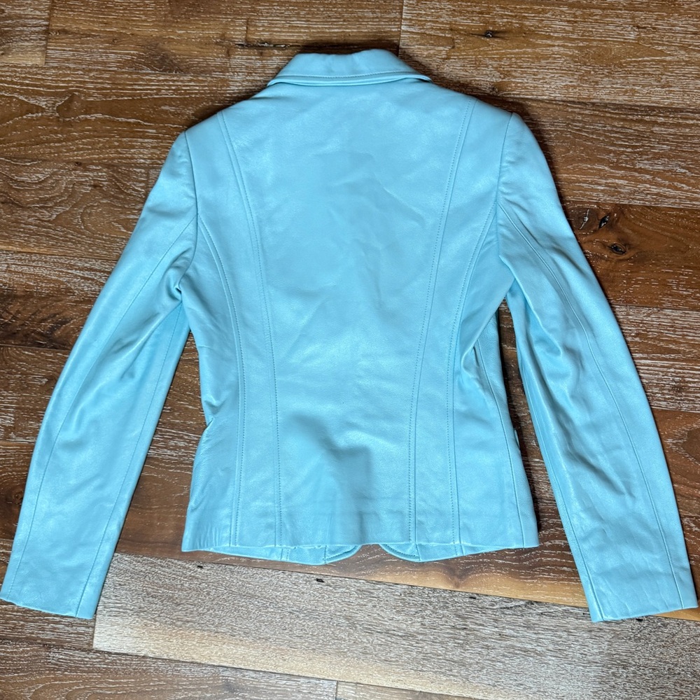 /id Collection (Nordstrom) Turquoise Lt. Blue Leather Blazer Jacket / Size 4 - Picture 5 of 9